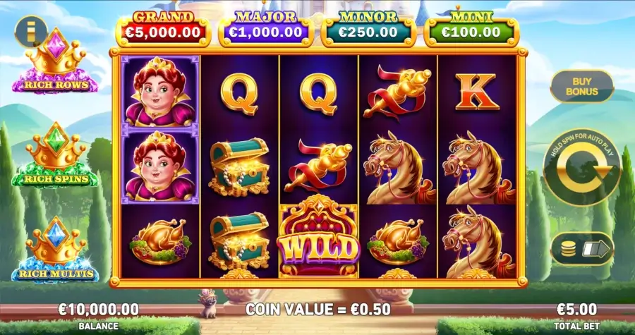 King Richwin slot base game interface showing 5 reels, jackpot labels, gem modifier meters, and 20-line layout