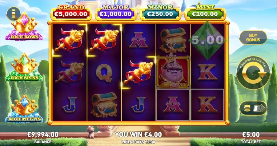 King Richwin gameplay screen showing a line win, Collector King symbol, and a green gem value entering the feature path