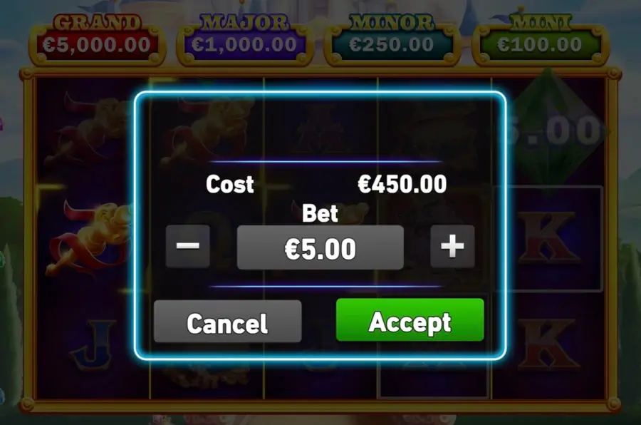 King Richwin Buy Bonus pop-up showing a 450.00 cost for a 5.00 bet, equal to 90x bet