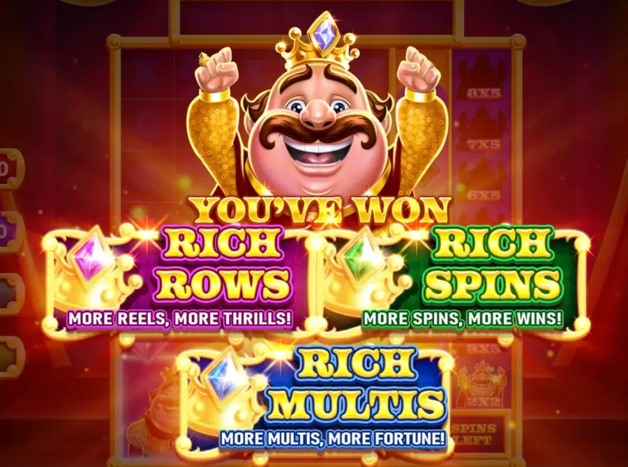King Richwin bonus intro screen showing Rich Rows, Rich Spins, and Rich Multis activated together