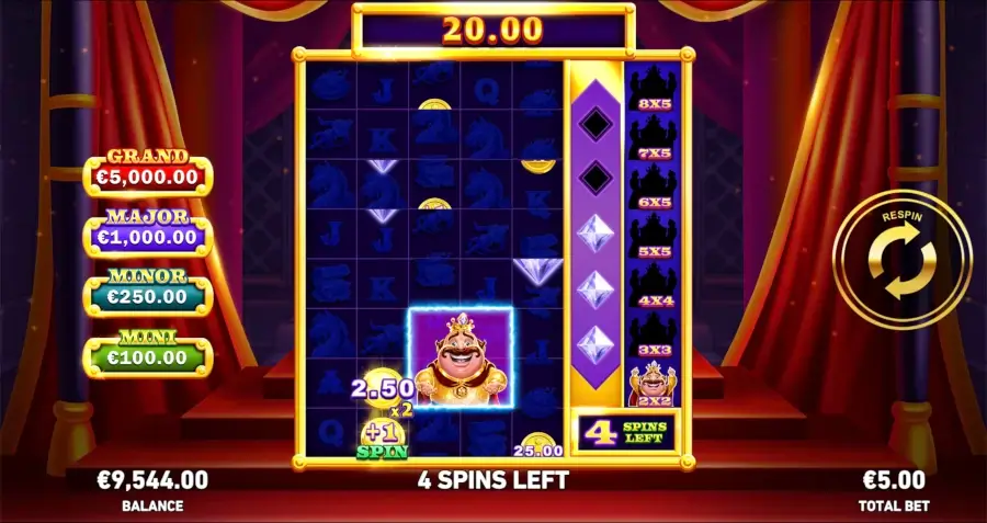 King Richwin bonus feature gameplay showing the growing Collector King, prize values, multipliers, extra spin symbol, and growth ladder