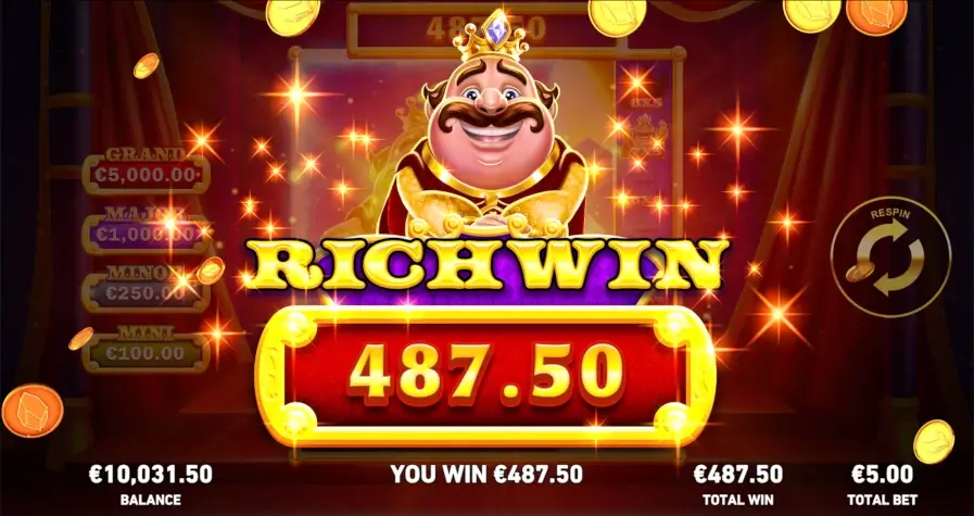 King Richwin Richwin result screen showing a feature payout of 487.50